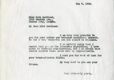 A typed letter from May 6, 1928 sent to Miss Ruth Haviland at 1512 Central Ave., Kansas City, Kansas. The tone is polite and the text is brief.