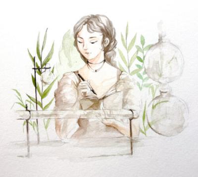 An illustration of Eunice Newton Foote with her scientific instruments surrounded by plants