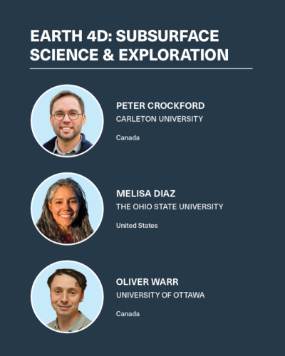 Promotional poster for "Earth 4D: Subsurface Science" featuring headshots and names of three speakers: Peter Crockford from Carleton University, Melisa Diaz from The Ohio State University, and Oliver Warr from University of Ottawa.