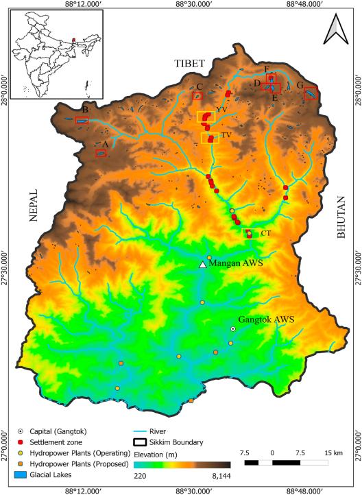 Map of Sikkim Boundary complete with insert outline of the larger area. The colorful brown, orange, green and blue map also includes elevation and rivers and a legend of features along with a north arrow.