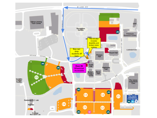 Directions for arriving by school charter bus and disability parking adjacent to the building.