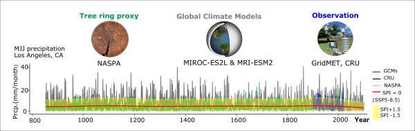 The time series of 3-months average precipitation of 5 different datasets and modeled trends at mean(red line), pluvials and drought extremes (SPI = 1.5 and -1.5) in early summer season