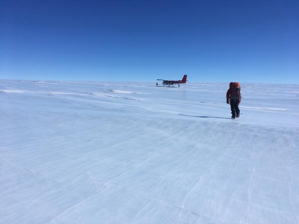 A man walking toward a plane on a snow covered ground. 