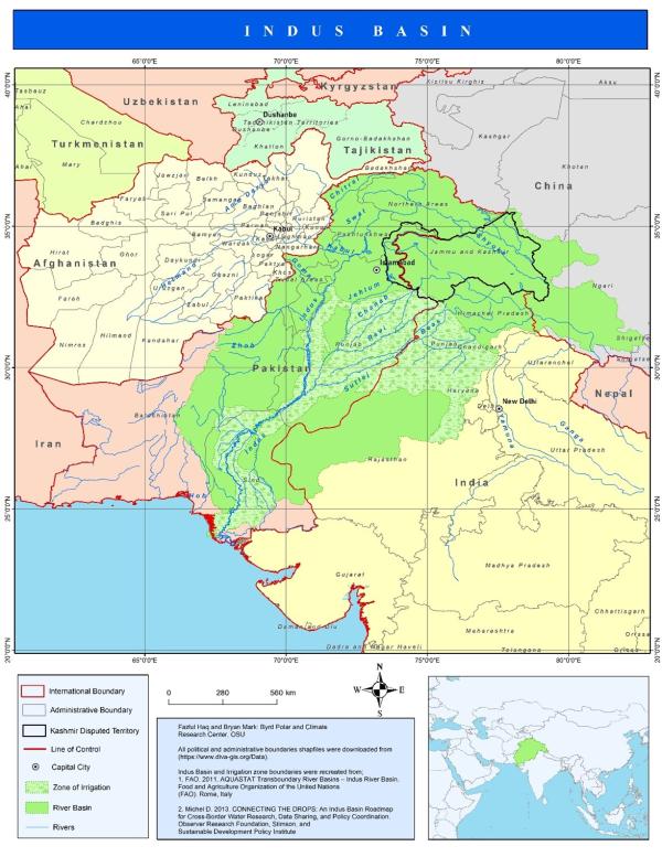 A large, colorful map of the Indus Basin, the main map, as the insert map of a smaller Asia map in the bottom right of the page. A legend is at the bottom left of the international boundary, administrative boundary, Kashmir disputed territory, line of control, capital city, zone of irrigation, river basin and rivers.  In the bottom middle of the page are a scale bar, cardinal direction star and a text box explanation.