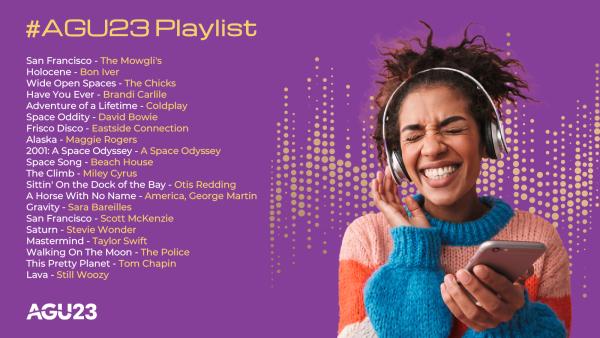 Female with headphones on and a device in her hand #AGU23 Playlist