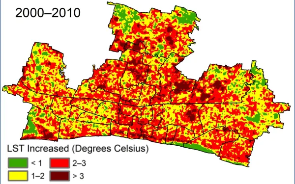Colorful map with green, yellow, brown and red patches. with a legend for the colors and dates 2000-2010.