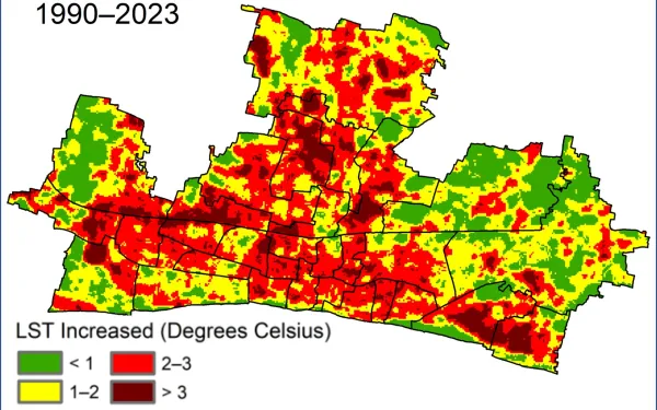 Colorful map with mostly brown and red patches. and some  green, yellow, with a legend for the colors and dates 1990-2023.