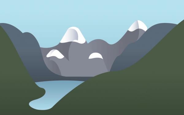 cartoon photo of a mountain with a snow cap, a valley, and a body of water 