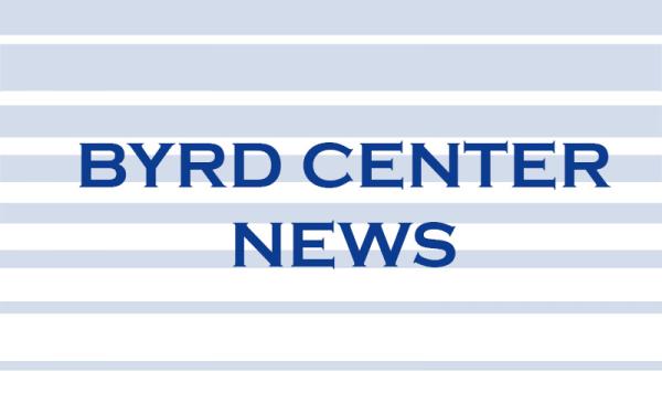 A white background overlaid with layers of pale blue lines arranged from thickest to thinest from top to bottom. Overtop of this is the text "Byrd Center News"