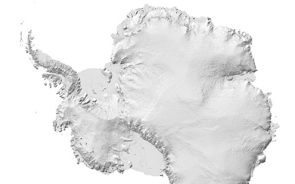 Map of the Reference Elevation Model of Antarctica (REMA), rendered with a hillshade. It looks like the continent of Antarctica with details for elevations and rock formations set against a white background.