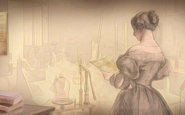 Illustration of Eunice Newton Foote in her laboratory