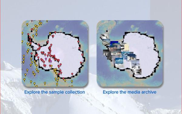 Two graphic maps of Antarctica side by side. text under map on left says explore the sample collection and the right says explore media archive