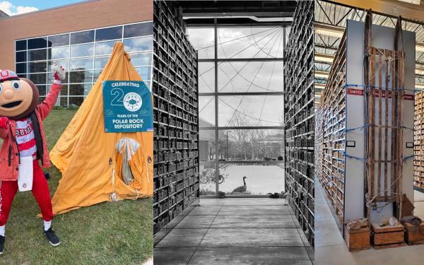 collage of 3 pictures side by side with the middle in black and white. The first to left is Brutus next to a yellow tent with a sign on it in front if a building with a glass wall. The middle is looking out outside from inside that building through glass with a goose outside the window. the third is of shelving partitions to ceiling with wooden drawers on shelves and a sled on the side of one of the partitions..