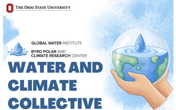 infographic or animated earth holding a half globe earth with the top half as a large drop falling into a body of water. Block O - Ohio State University Global Water Institute Byrd Polar and Climate Research Center Water and Climate Collective