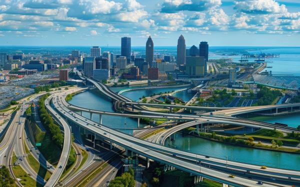 Aerial View of Cleveland OH with Highway, Transit, Train and High-rise Buildings Overlooking Lake