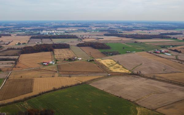 Aerial view of patches of land of different colors of brown and green with trees in between.