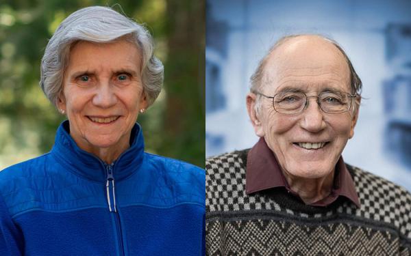 Two side-by-side portraits, a female in a blue jacket and a male in a sweater and glasses,, both smiling.