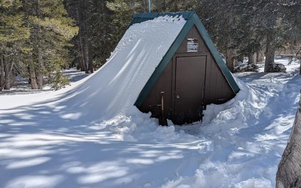 A small A-frame cabin partially buried in snow, surrounded by pine trees under a clear blue sky.