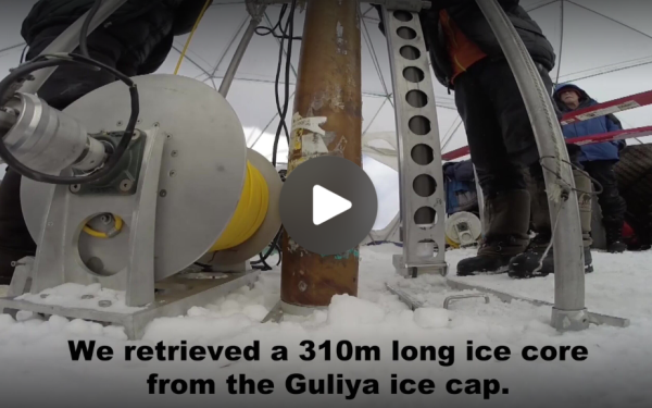 Researchers extracting a 310-meter-long ice core from the Guliya ice cap, surrounded by snow and equipment with a play icon in the center of the image.
