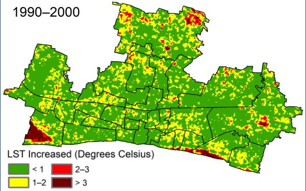 Colorful map with mostly green patches and some yellow, brown and red. with a legend for the colors and dates 1990-2000.