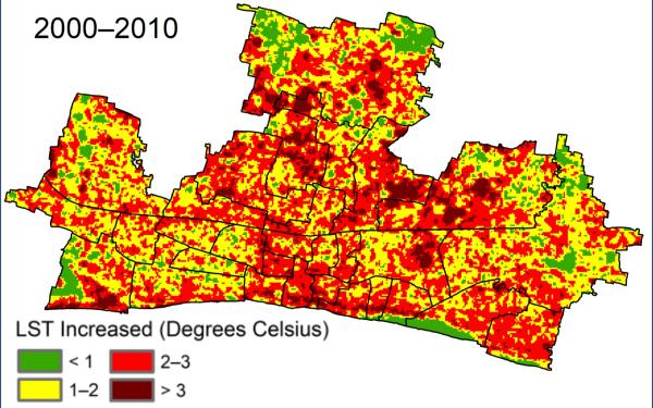 Colorful map with green, yellow, brown and red patches. with a legend for the colors and dates 2000-2010.