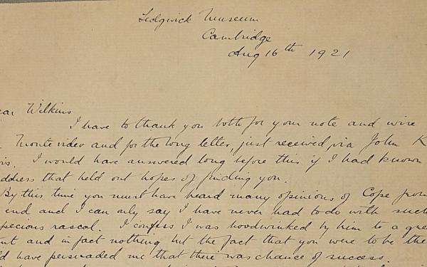 Handwritten letter on aged paper with heading “Sedgwick Museum, Cambridge, Aug 16th 1921.”