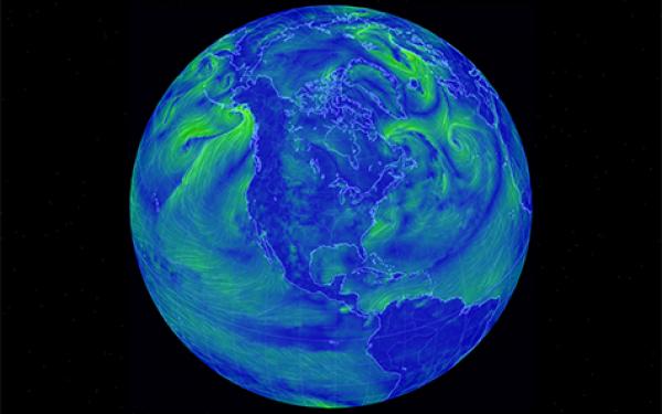Model of Earth’s atmosphere and oceans. Glowing green and blue 
