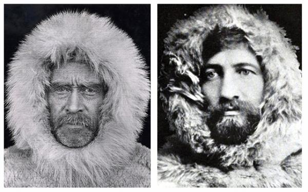 A pair of black and white photos side by side. The first is an old man from the shoulders up  with a graying beard and wearing a fur-lined hood. The second is a young man from the shoulders up with a dark beard also wearing a fur-lined hood.