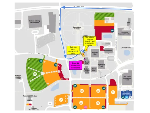 Directions for arriving by school charter bus and disability parking adjacent to the building.