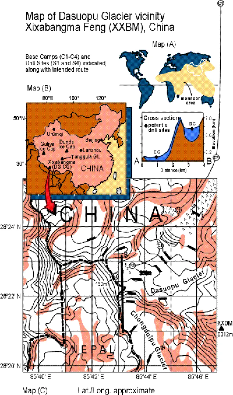 A detailed, gridded map with several inserts of the area.