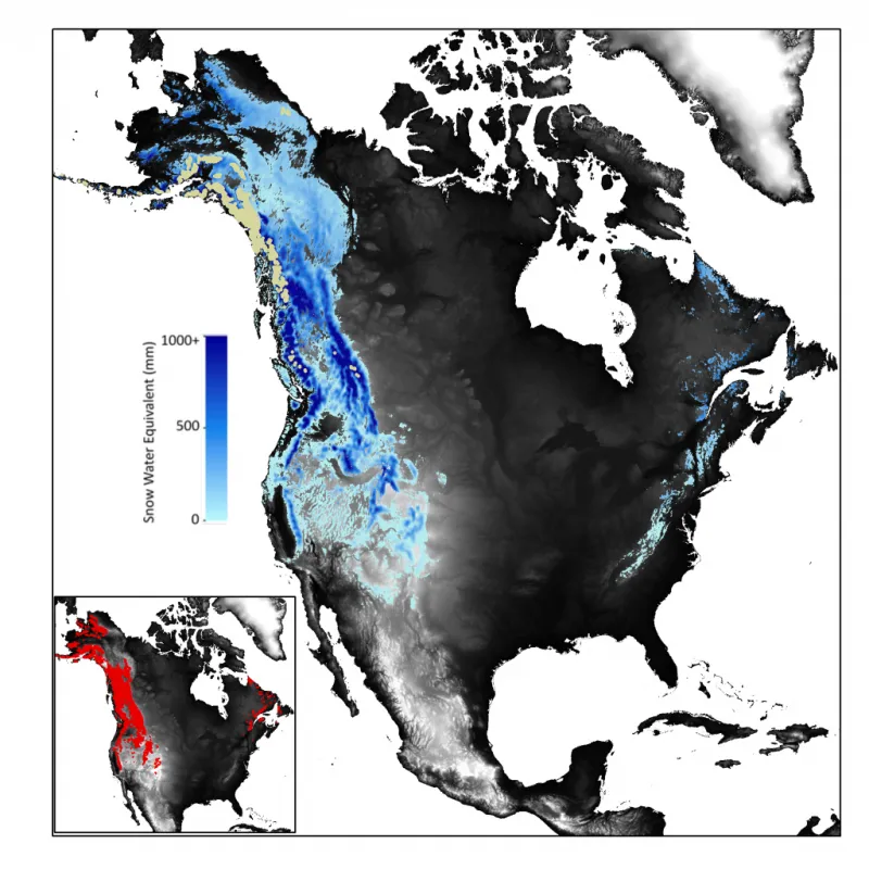 map of North America showing a new climatology of mountain snow from regional climate model simulations