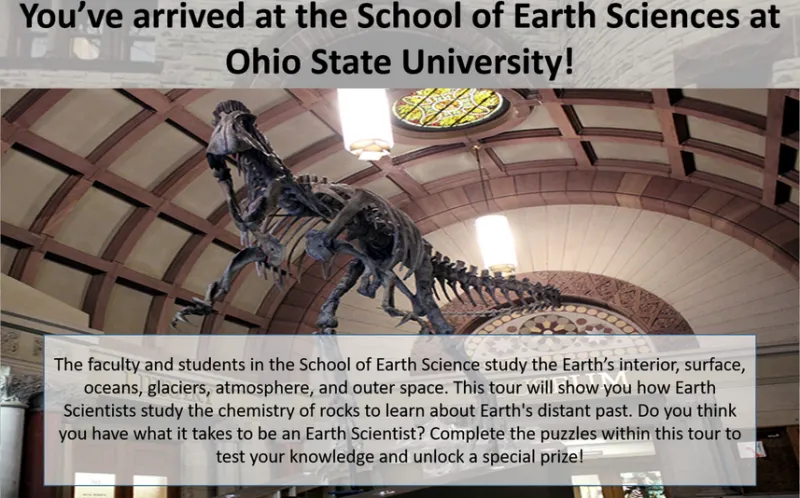 The inside of the School of Earth Sciences which has a skeleton of a dinosaur 