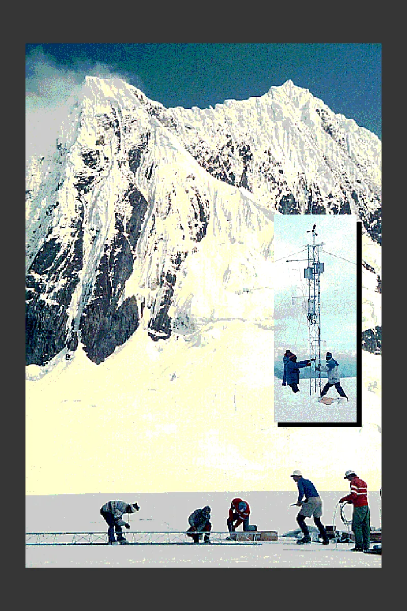 A group of people setting up an ice core drill on a glacier. A picture on top of the main picture shows the assembled drill.