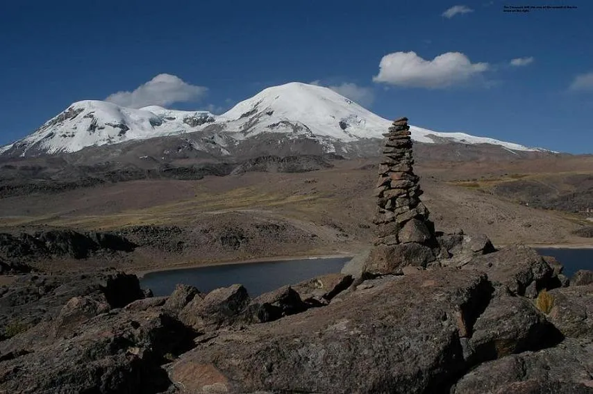 a rocky landscape and a river approach snow covered mountains in Coropuna, Peru