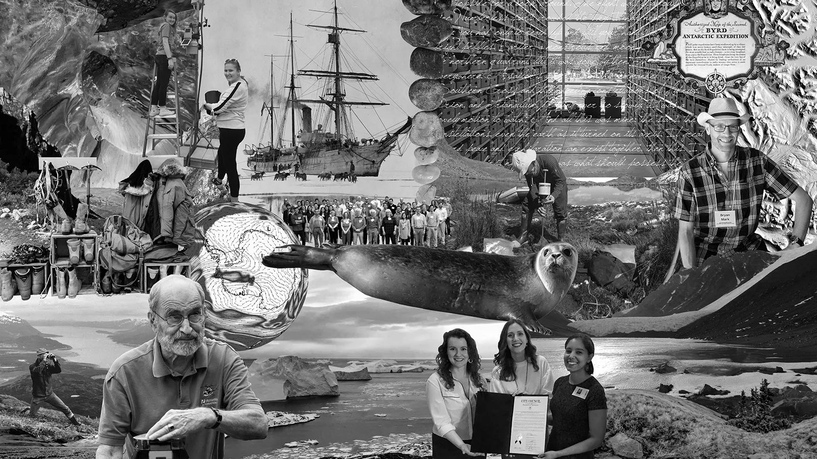 black and white library mural featuring photos of staff, artifacts, and animals
