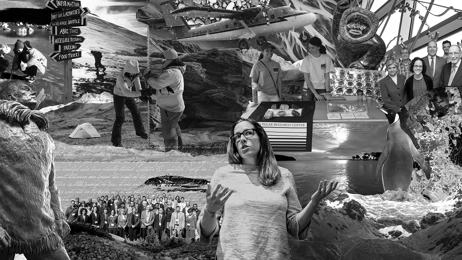 black and white library mural featuring photos of staff, artifacts, and animals