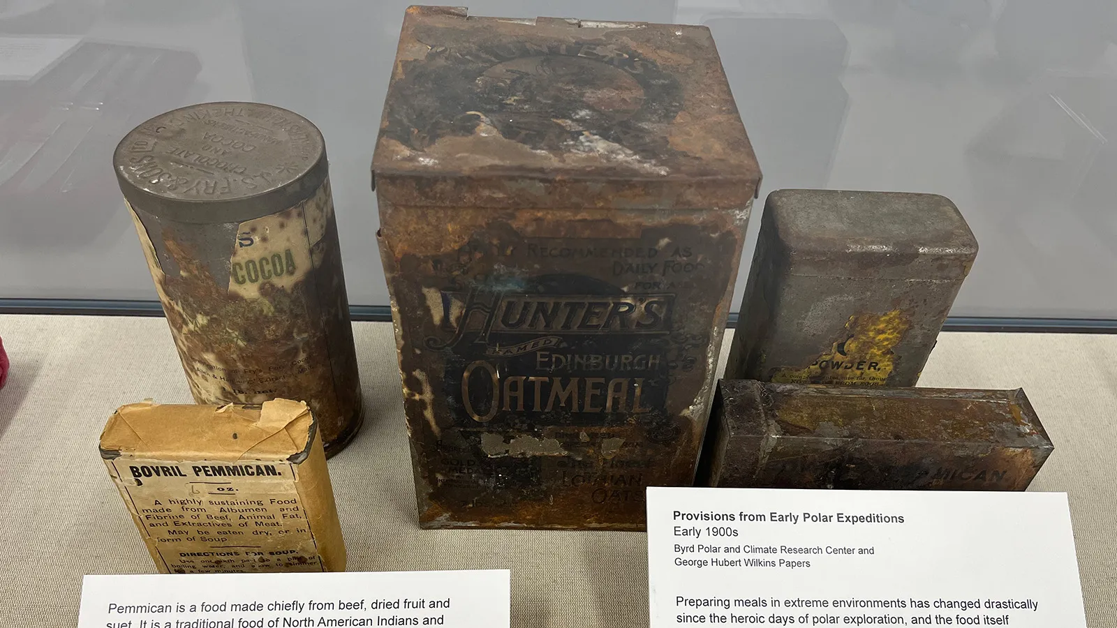 Provisions from early polar expeditions, including oatmeal and bovril pemmican.