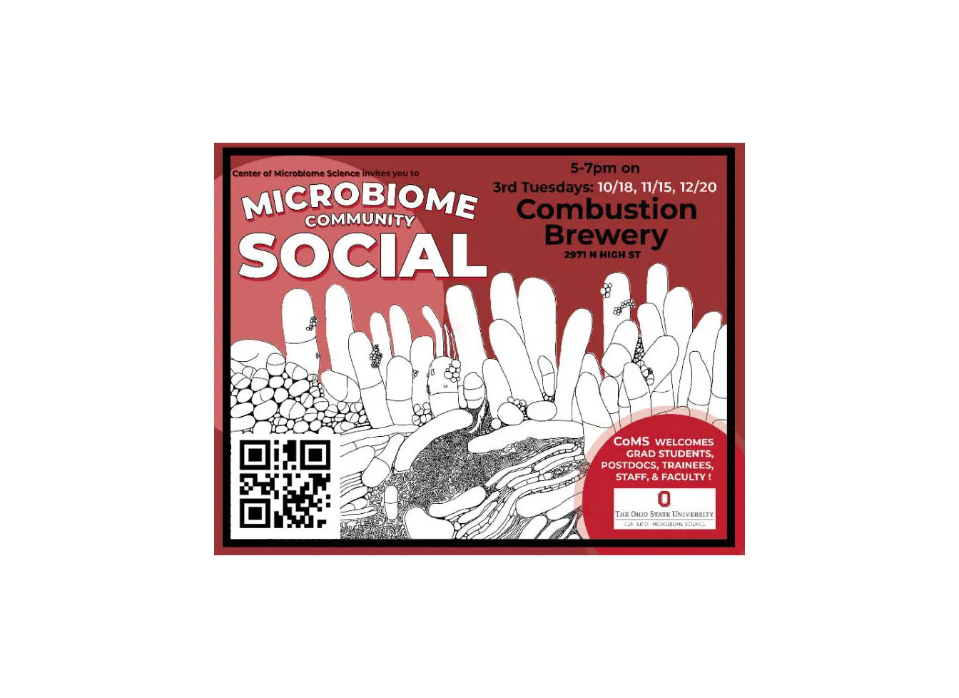 animated image of bacteria in different shapes and sized in black and white with ted background and text on top left in white saying Microbiome Community Social and top right against a darker red background states in black 5-7 on 3rd Tuesdays  then in white 10/18, 11/15, 12/20 and in black larger font Combustion Brewery and address and in bottom right cut off red circle with white writing for staff and students and Ohio State logo