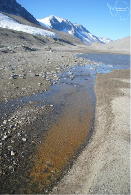 Water stream in rock and dirt with a covered mountain snow in the background and a logo of SCAR on the top right of the image.