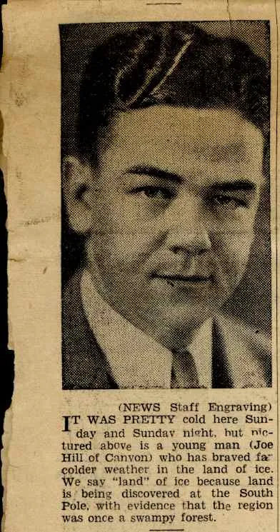 Newspaper clipping with a picture of Joe Hill and text 