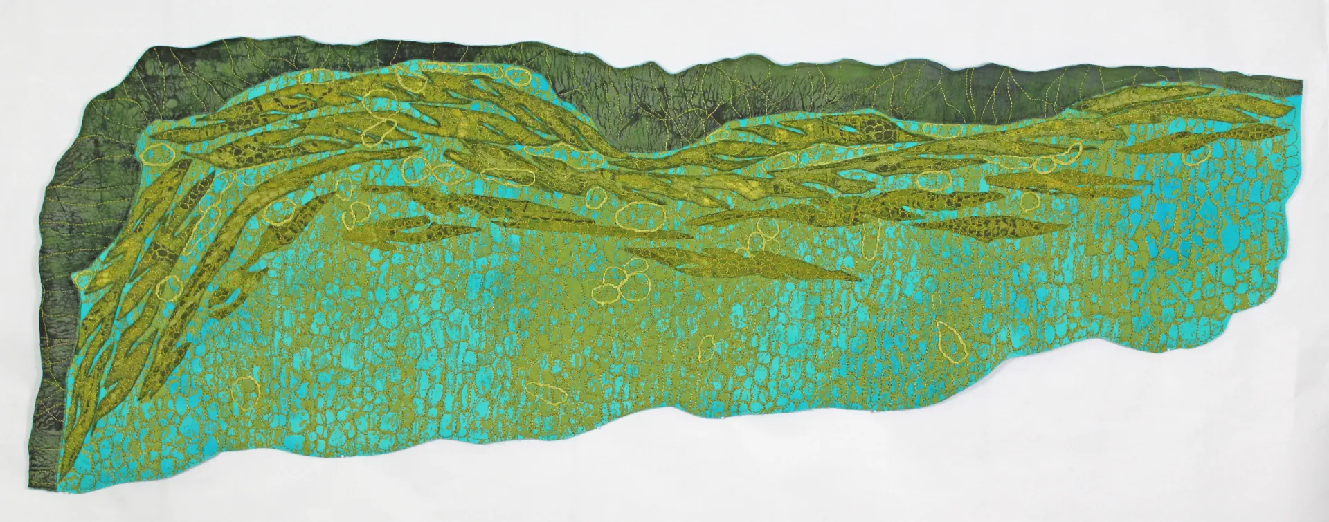 Darker green algae in greenish water painted by an artist