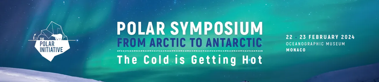The Northern Lights with snow and the Polar Initiative logo 