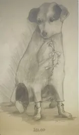 A black and white sketch of a dog seated.