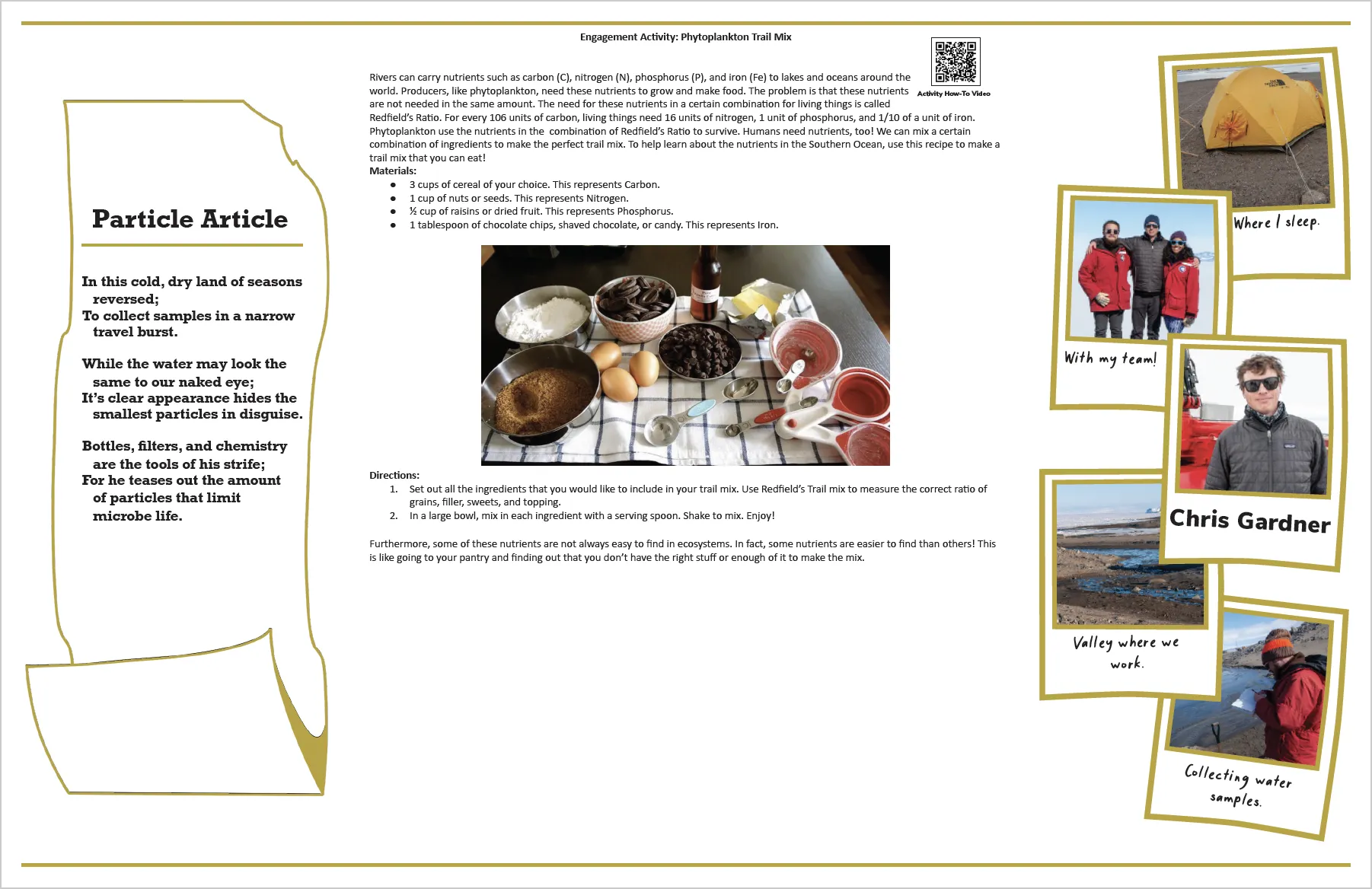 Front side of Chris's Polar Puzzle including a poem, the engagement activity, and pictures from the field with captions.