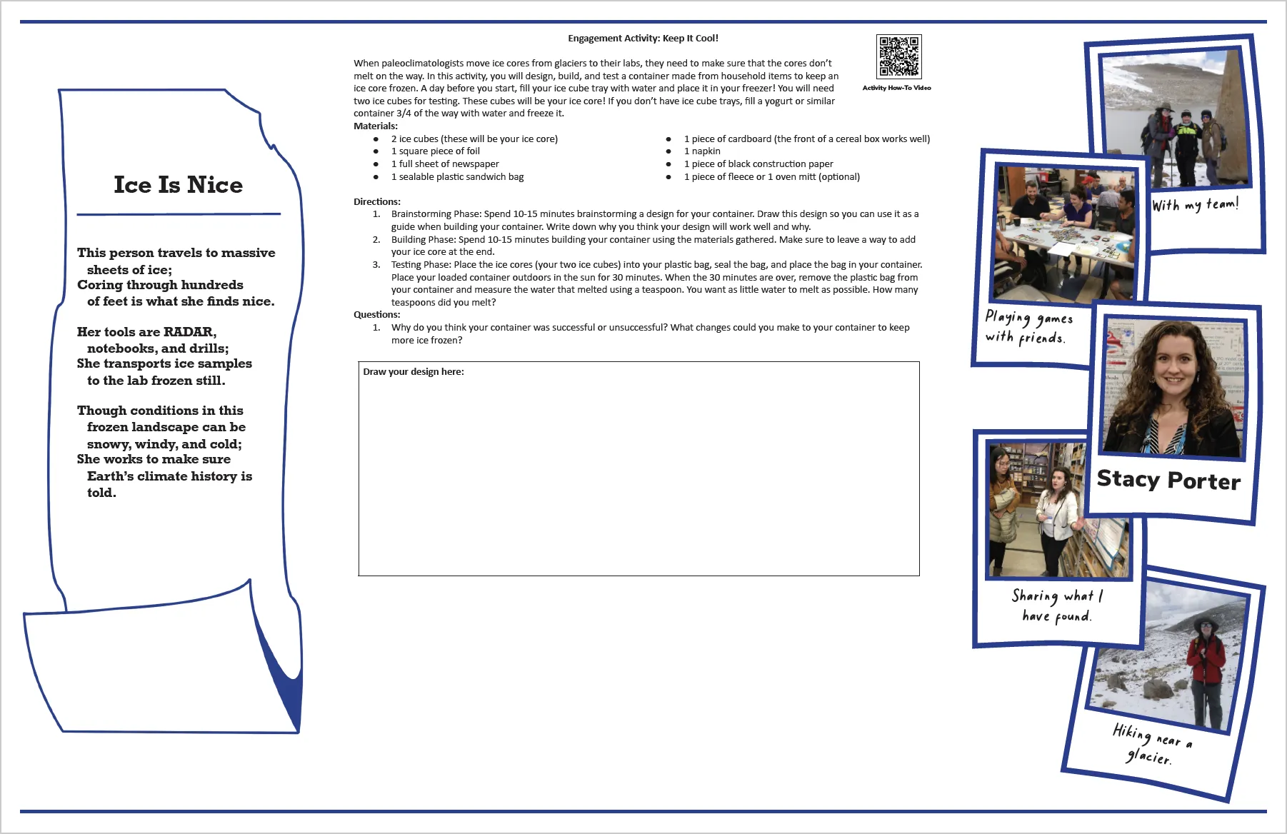 Front side of Stacy's Polar Puzzle including a poem, the engagement activity, and pictures from the field with captions.