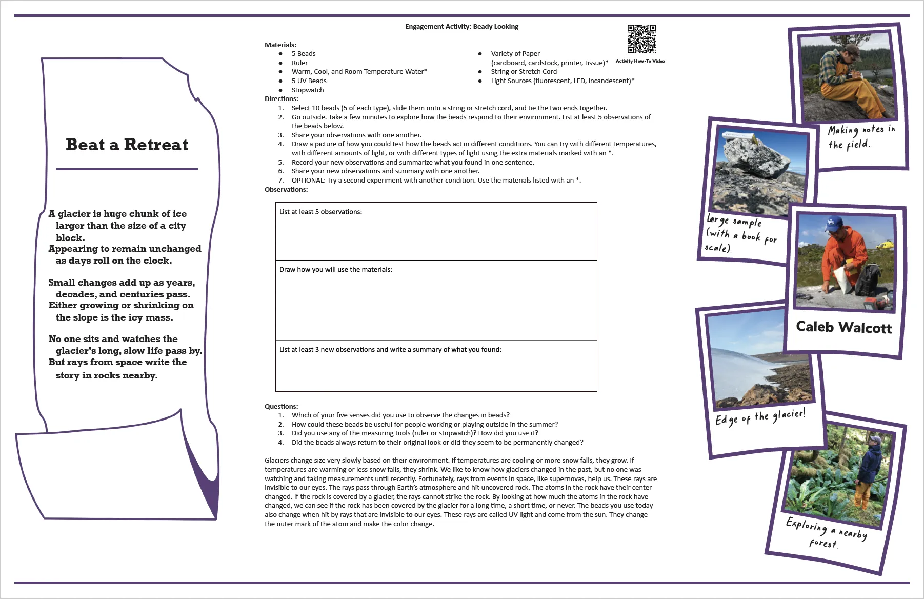 Front side of Caleb's Polar Puzzle including a poem, the engagement activity, and pictures from the field with captions.