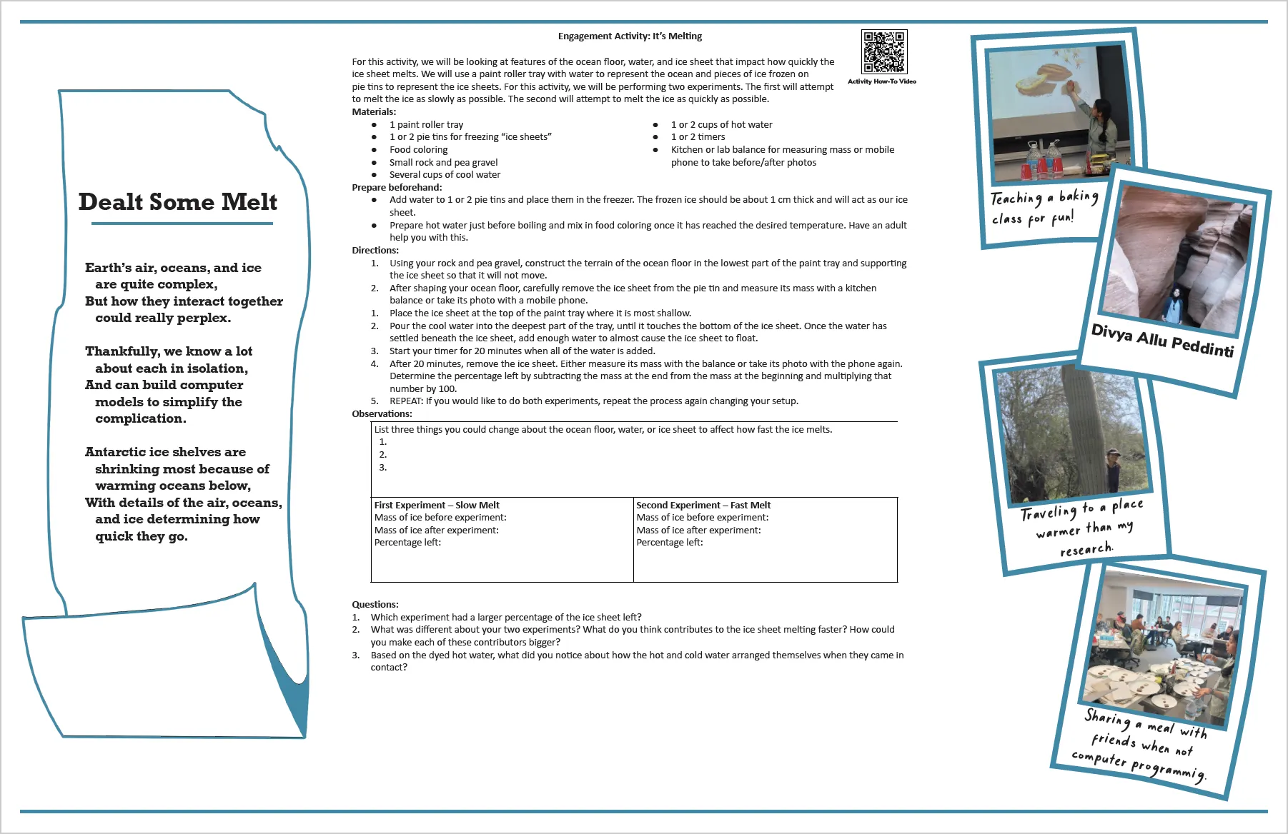 Front side of Divya's Polar Puzzle including a poem, the engagement activity, and pictures from the field with captions.