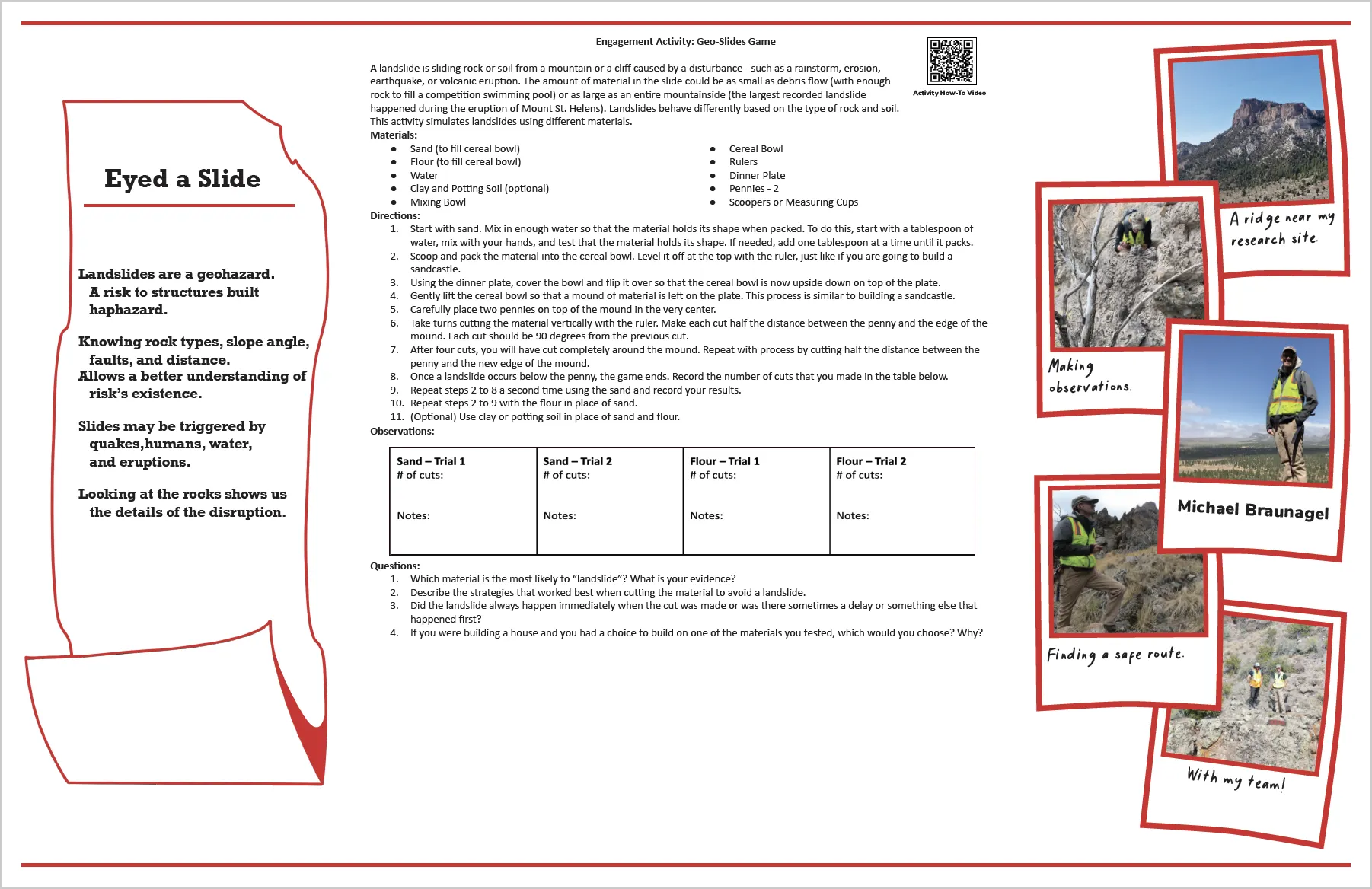 Front side of Michael's Polar Puzzle including a poem, the engagement activity, and pictures from the field with captions.