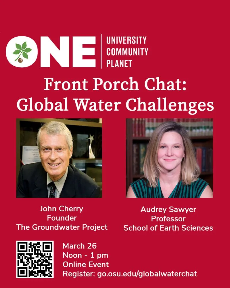 Promotional poster for a University Community Planet online event titled 'Global Water Challenges.' Featured speakers are John Founder of The Groundwater Project and Professor Audrey Sessor, with event details and a registration QR code.