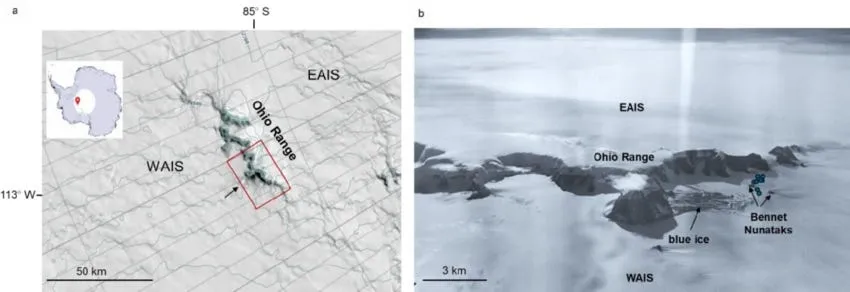 Two-part image showing a map and an aerial photograph of an Antarctic region.